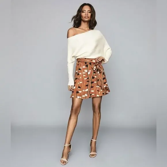 REISS Abigail Tie-Waist Rust Brown Abstract Print A-Line Skirt Tan Womens Size 0 - Picture 2 of 11